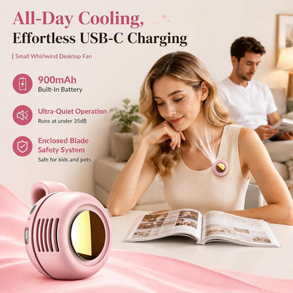 Portable Clip-On Fan, Mini Bladeless Waist Fan, 5100RPM 25dB Ultra-Quiet 3-Speed Rechargeable Small Whirlwind Fan, Hands-Free Personal Cooling for Outdoor Travel Office Camping with USB-C
