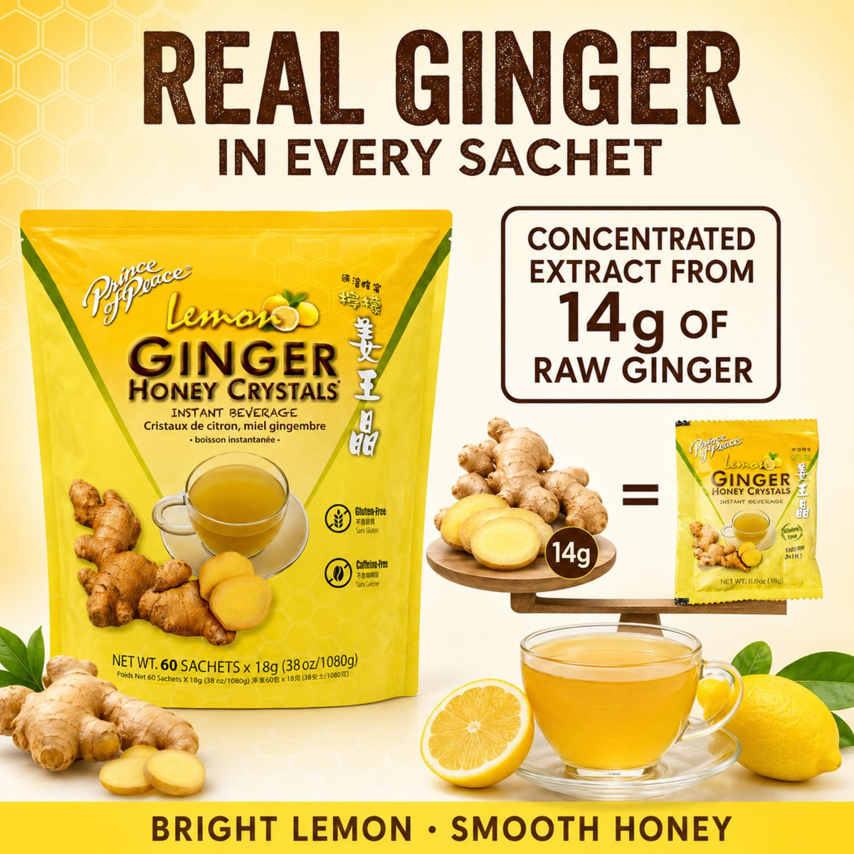 Prince of Peace Instant Ginger Honey Crystals with Lemon, 60 Sachets – Instant Hot or Cold Beverage – Easy to Brew – Drink Like a Tea – Caffeine and Gluten Free – Real Ginger