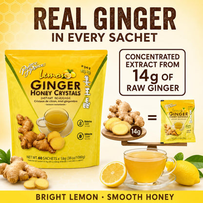 Prince of Peace Instant Ginger Honey Crystals with Lemon, 60 Sachets – Instant Hot or Cold Beverage – Easy to Brew – Drink Like a Tea – Caffeine and Gluten Free – Real Ginger