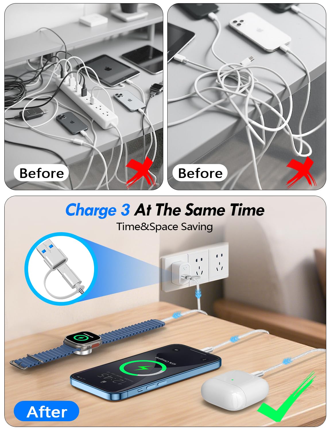 Travel Essentials for Apple Watch Charger,3-in-2 Multi Charging Cable