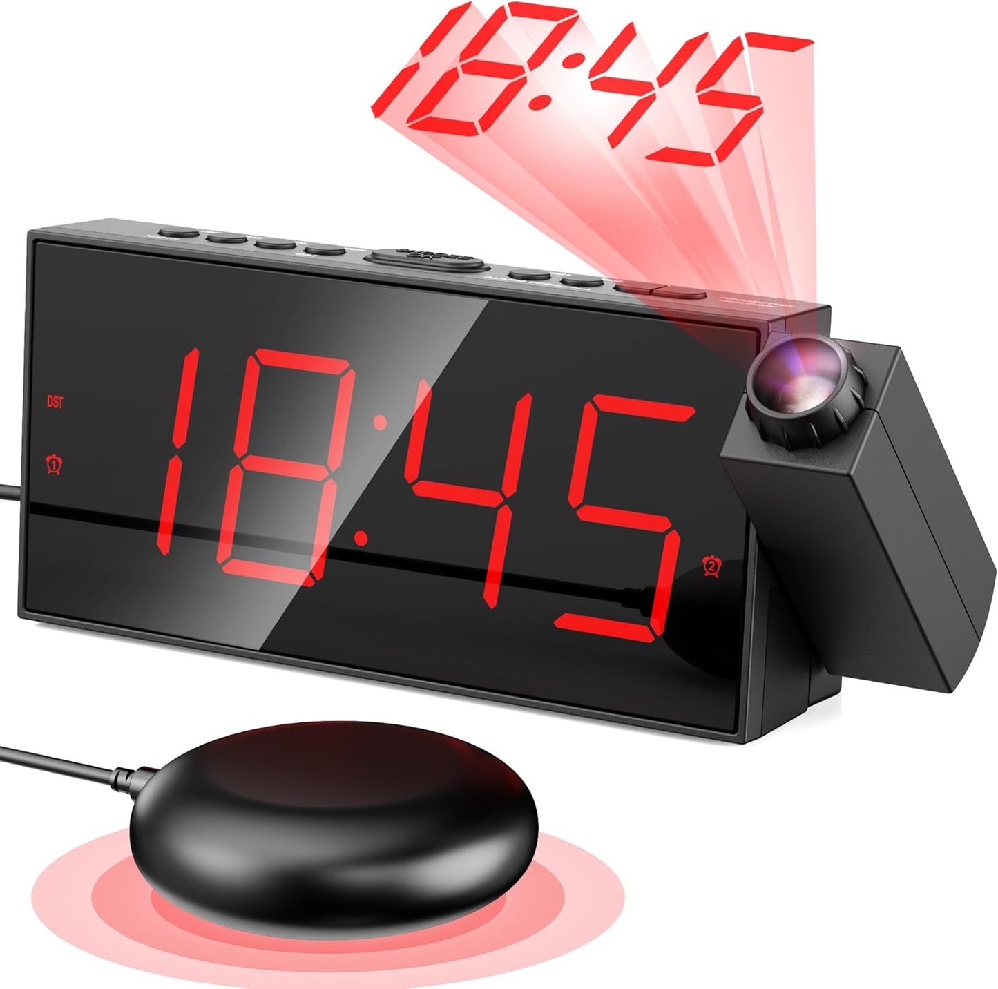 Digital Projection Alarm Clocks for Bedrooms - Large LED Display, 180° Rotatable Projector, 5-Level Dimmer,USB Charger,Battery Backup,Loud Dual Alarms for Kids Elderly,Heavy Sleepers,Snooze,12/24H,DST