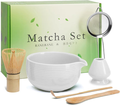 Matcha Whisk Set, Ceramic Matcha Set Includes Matcha Bowl, Matcha Whisk (Chasen) and Holder, Sifter, Bamboo Scoop & Spoon - 6 Pcs Matcha Kit for Matcha Lovers White