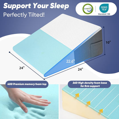 Bed Wedge Pillow for Sleeping & Resting, 8 inch Incline Pillow Wedge for Adults Seniors, Back Support and Leg Elevation, Cooling Memory Foam Top, Ideal for Couch, Bedroom & Living Room