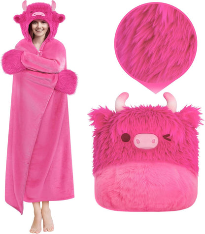 Mewaii Ultimate Softness Highland Cow Wearable Blanket Hoodie –Expertly Designed for American Body Full Coverage with Easy Movement Oversized Warm Cozy Flannel Blanket Cute Highland Cow Gift for Women