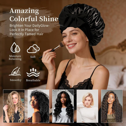 Silk Bonnet Satin Bonnet for Sleeping Large Bonnets with Tie Band Hair Wrap with Adjustable Straps Hair Cap for Women Curly Black
