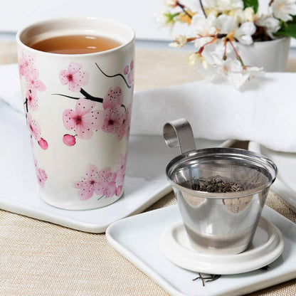 Tea Forte Double-Walled Ceramic Kati Cup, Removable Stainless Steel Infuser Basket and Lid, Steeps 12 oz Loose Leaf Tea, Dishwasher & Microwave Safe, Cherry Blossom