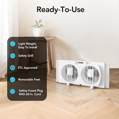 Comfort Zone Twin Window Fan with Reversible Airflow Control, 9 inch, Auto-Locking Expanders, 2 Speed Fan, Dual Fan, Exhaust, Airflow 9.84 ft/sec, Ideal for Home, Kitchen, Bedroom & Office, CZ319WT