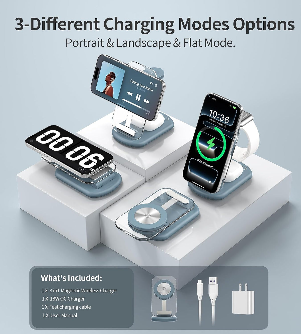 Mukiya 3 in 1 Magnetic Wireless Charging Station for Apple Devices