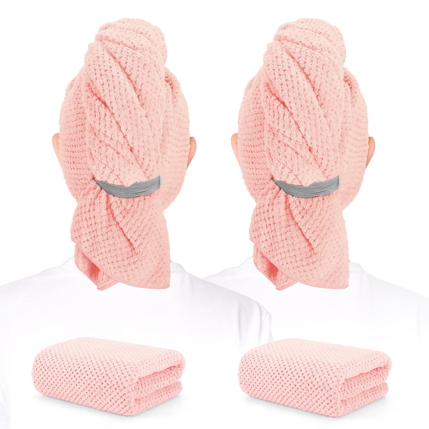 2 Pack Microfiber Hair Towel - 41 x 24 inches Super Soft, Absorbent, Fast Drying Without Frizz Hair Towel Wrap for Women Long, Thick, Curly Hair - Hair Turbans with Elastic Strap