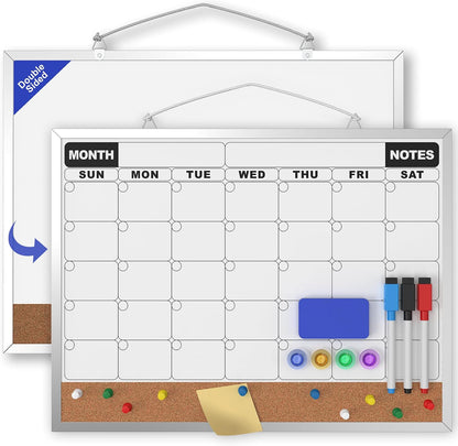 Monthly Calendar Dry Erase Board 16x12 Inch, Double-Sided Whiteboard and Corkboard Combo, Wall Mounted Planner Organizer with Markers, Magnets, Push Pins, Eraser, for Home Office School