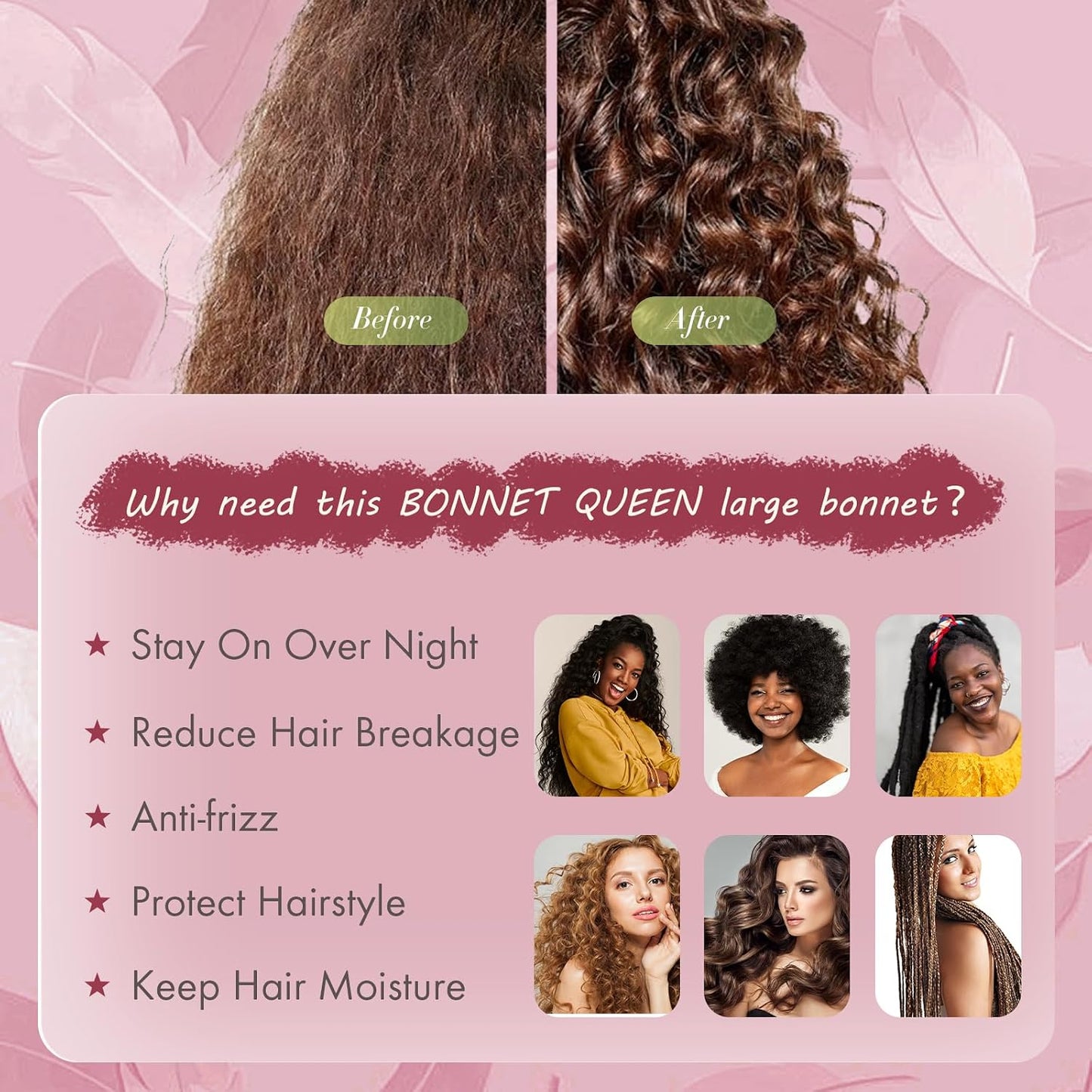BONNET QUEEN Silk Bonnet for Sleeping for Women Satin Bonnet Night Cap for Curly Hair with Tie Band, Single Layer, Cream Pink