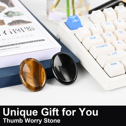 WHAL&YUNE Tiger Eye Obsidian Thumb Worry Stone for Anxiety, Healing Crystals Natural Oval Gemstone Meditation Reiki Balancing Accessories Gift for Stressed People- 1.8 inches