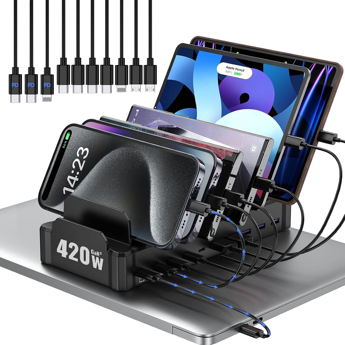 Zobirez 420W 10-Port Fast USB Charging Station for Multiple Devices, Black