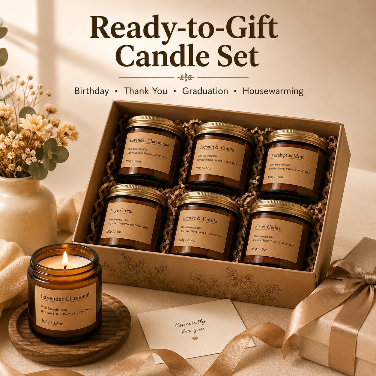 6-Pack Scented Candles for Home, 3.5 Oz Soy Wax Aromatherapy Candle Gift Set, Lavender Chamomile, Eucalyptus Mint & Vanilla, Birthday Gifts for Women, Thank You Graduation Gifts