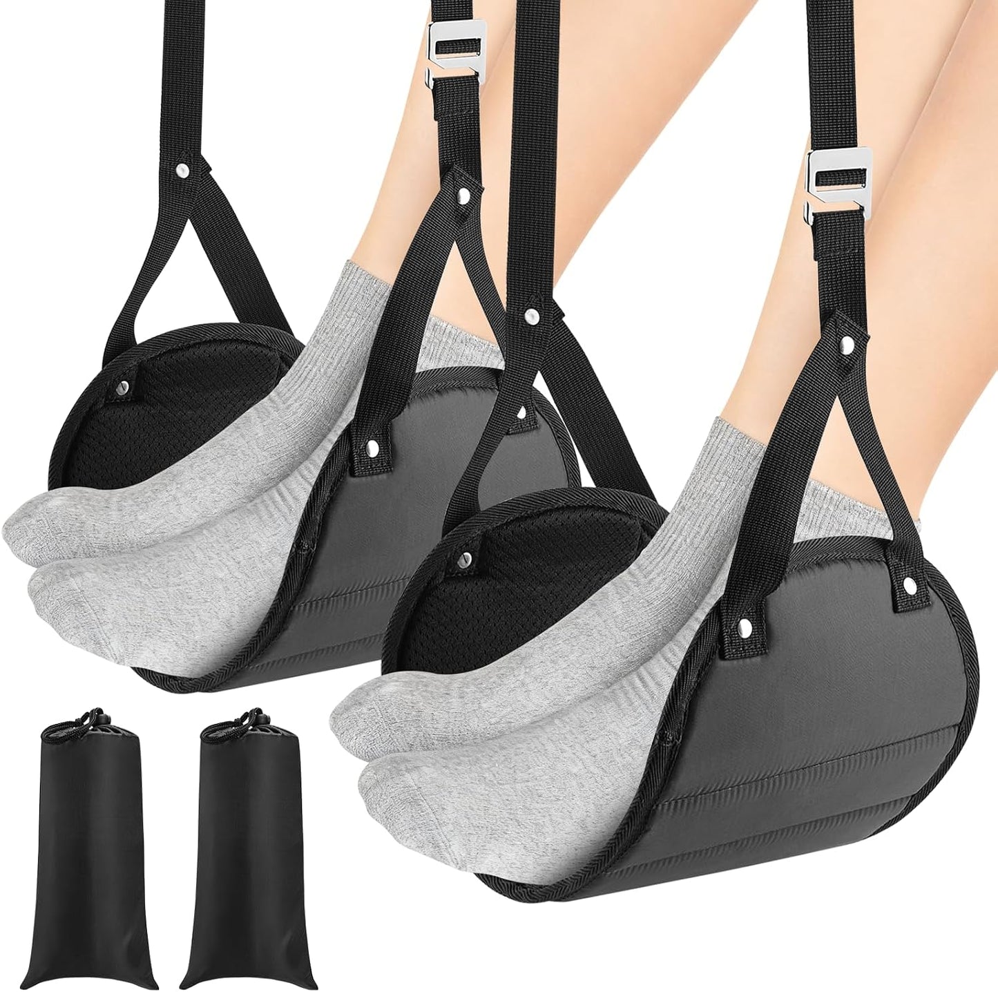 2-Pack Airplane Foot Hammock for Plane Travel – Adjustable Leg Rest Foot Hammock with Metal Buckles – Lightweight Travel Foot Rest for Airplane, Train, Bus and Car