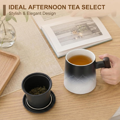 Tea Cup with Infuser and Lid, 14oz Ceramic Loose Leaf Tea Steeper Cup with Wood Handle and Cup Lid, Blue, Black