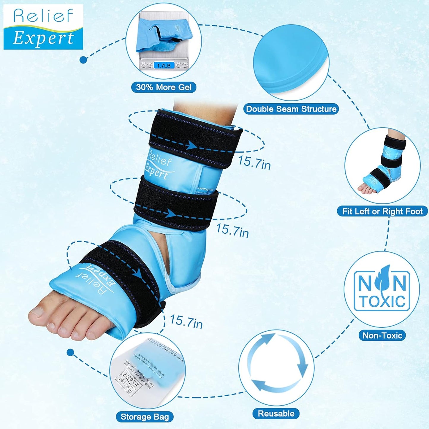 Relief Expert Ankle Ice Pack Wrap – Reusable Cold Gel Pack for Foot and Heel, Dual-Sided Design with Soft Plush Lining, Flexible Cold Compress for Achilles and Ankle Support, Blue
