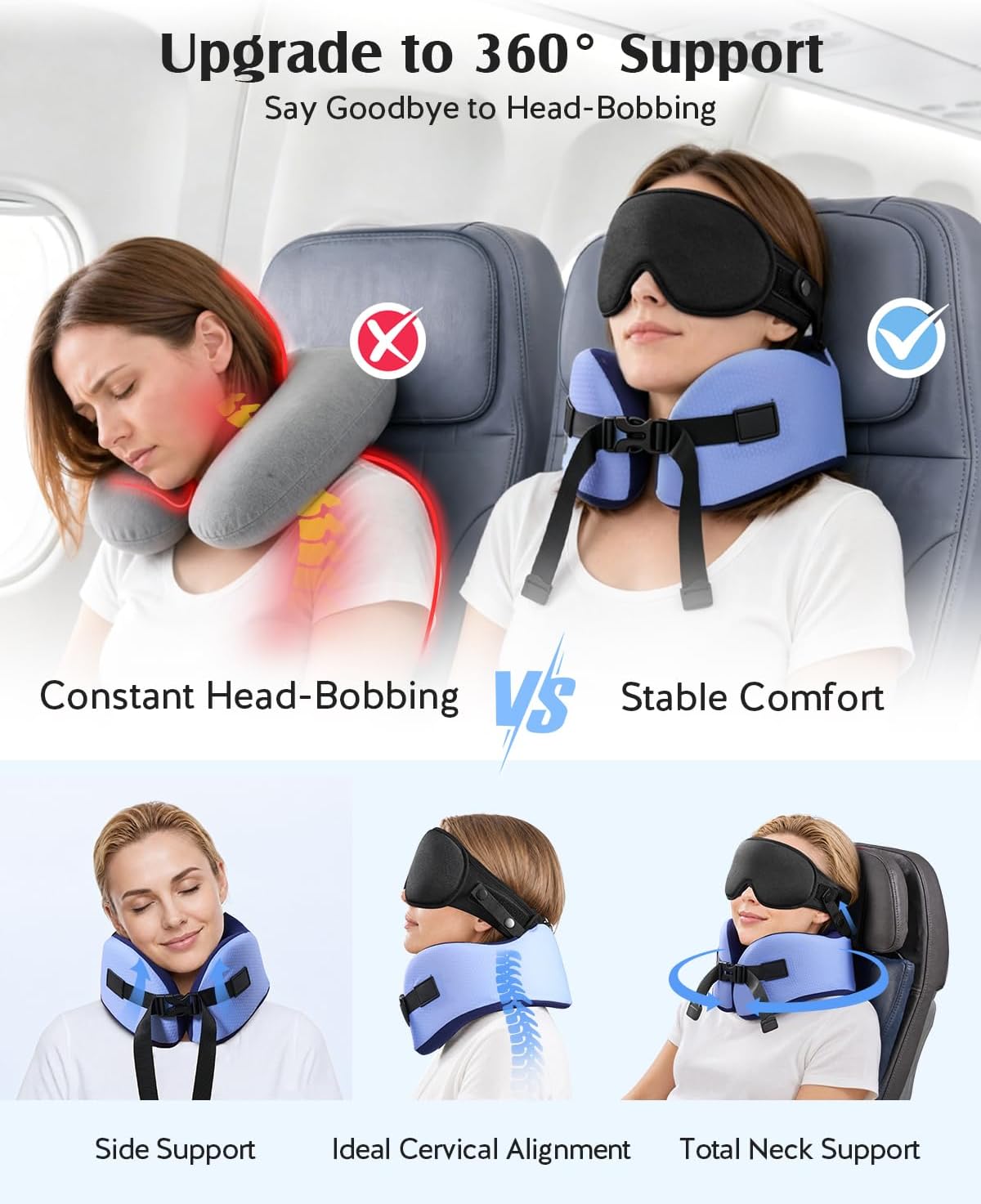 YFONG Travel Pillow for Long Flights, Patented 360° Ergonomic Sleeper Hold Head Support System with Memory Foam Neck Pillow & 3D Sleep Mask, Prevent Head Bobbing for Airplane & Road Trip, Pink