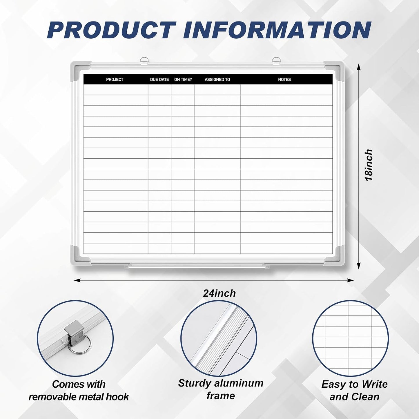 Lincia Aluminum Frame Dry Erase Board with Lines, Double Sided Wall-Mounted Whiteboard for Scheduling, to Do Lists & Weekly Planning, Reusable Calendar for Home & Work(Project Planning Board,24"x18")