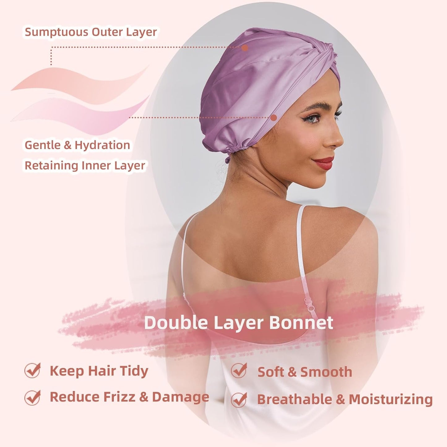 Adjustable Silk Satin Hair Bonnet for Sleeping Women, Double Layer, Silk Hair Wrap for Sleeping Women Men, Curly Natural Braid Straight Unisex - Pink
