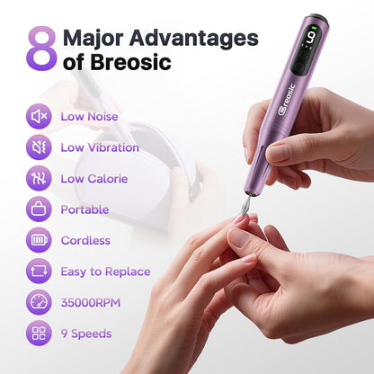 Electric Nail Drill Professional 35000RPM,Rechargeable Electric Nail File Cordless with 9-Speed & LED Display,12-in-1 Portable Manicure Pedicure kit for Acrylic Gel Dip Powder Nails (Purple)