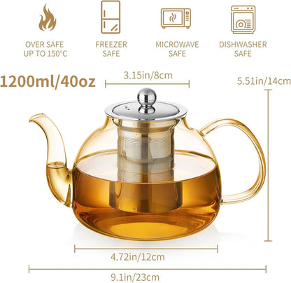 Glass Teapot with Removable Infuser, 20 oz/600ml Glass Tea Pot Small Borosilicate Tea Steeper Kettle with Loose Leaf Tea Strainer For Flower Blooming Tea, ClearTea Maker Pitcher