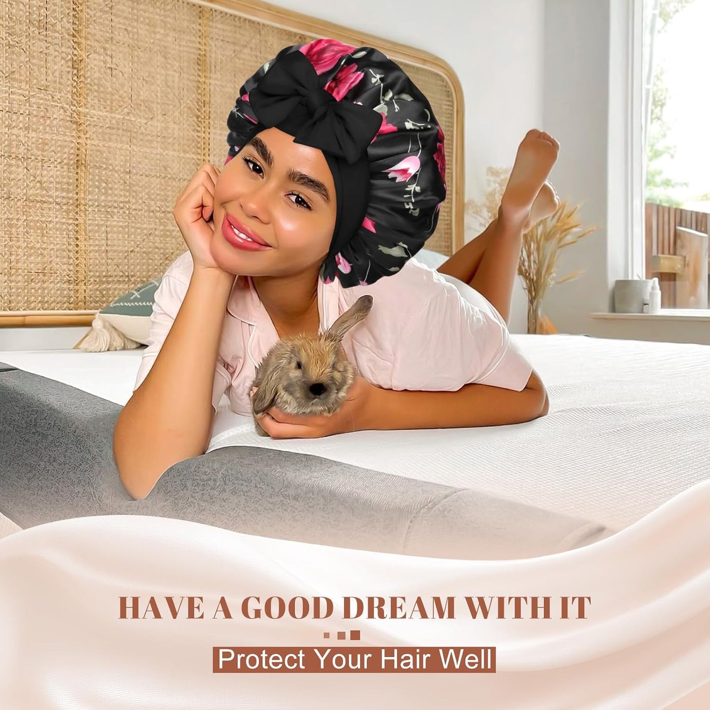 Satin Bonnet for Sleeping Cap Double Layer Hair Bonnet with Elastic Tie Band for Curly Hair Night Cap (Bean Paste + Pink)