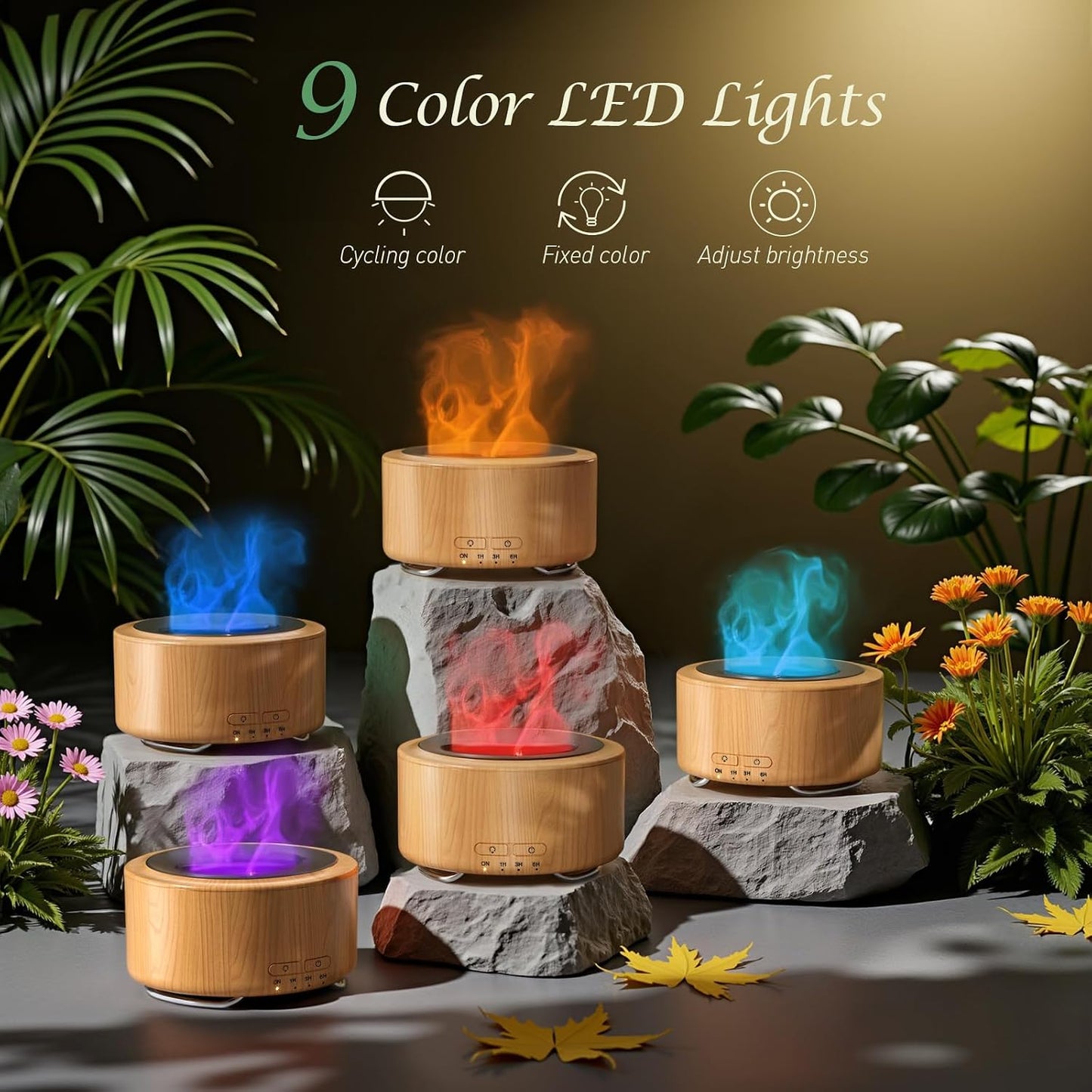 Essential Oil Diffuser for Home: 500ML Aroma Diffuser with Fireplace Flame Light & 9 Colors LED Improved - Quiet <25dB Cool Mist Humidifier for Bedroom Office Yoga Room