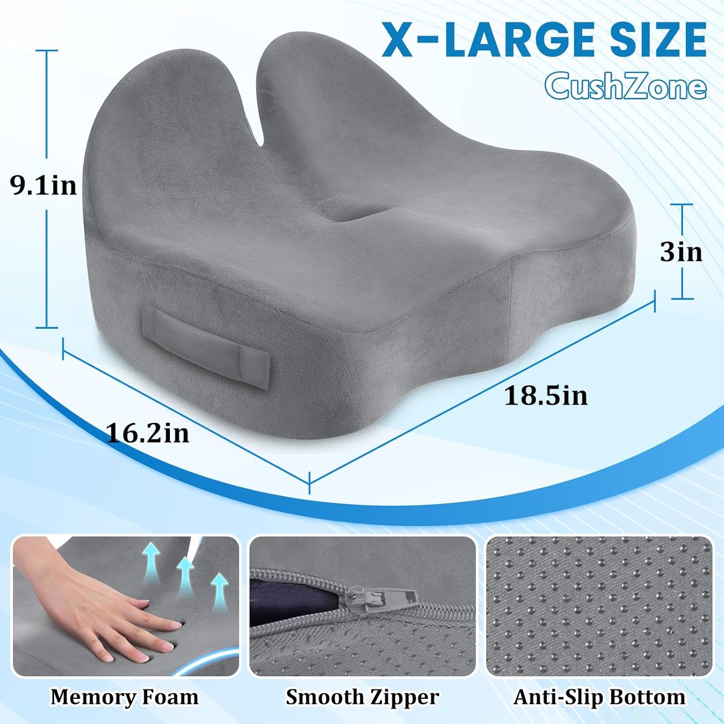CushZone Seat Cushion, Ergonomic Memory Foam Seat Cushions for Office Chairs, Car, Long Trip, Desk Chair, Lab, Extra Large Size for Sciatica & Hip & Tailbone Pain Relief, Sciatica Support (Black)