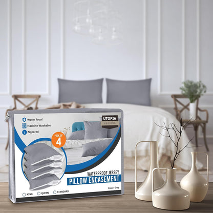 Utopia Bedding Premium 100% Waterproof Pillow Protectors with Zipper Standard Size (Set of 4), Bed Bug and Dust Mite Proof Zippered Pillow Covers, Pillow Encasement Cases, Gray