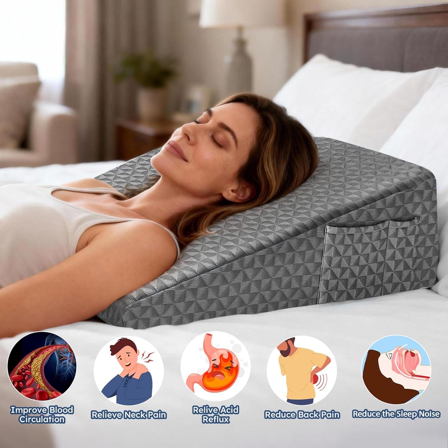 Wedge Pillow for Sleeping, 7.5" Bed Wedge After Surgery, Back Pain Relief, Memory Foam Pillow Triangle Incline Wedge for Back Support, Leg Elevation