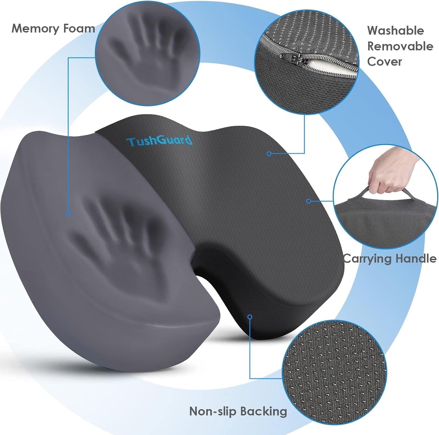 TushGuard Seat Cushion for Office Chair Memory Foam Non-Slip Desk Seat Cushion Back, Coccyx, Sciatica, Tailbone Pain Relief Butt Pillow for Office Chair, Car, Wheelchair, Black