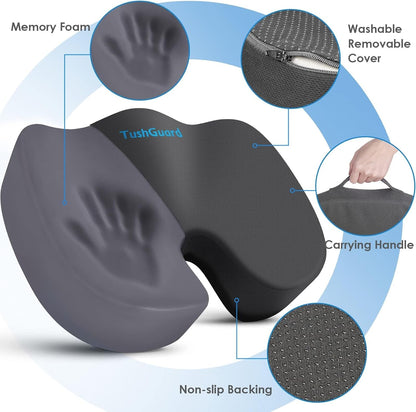 TushGuard Seat Cushion for Office Chair Memory Foam Non-Slip Desk Seat Cushion Back, Coccyx, Sciatica, Tailbone Pain Relief Butt Pillow for Office Chair, Car, Wheelchair, Black