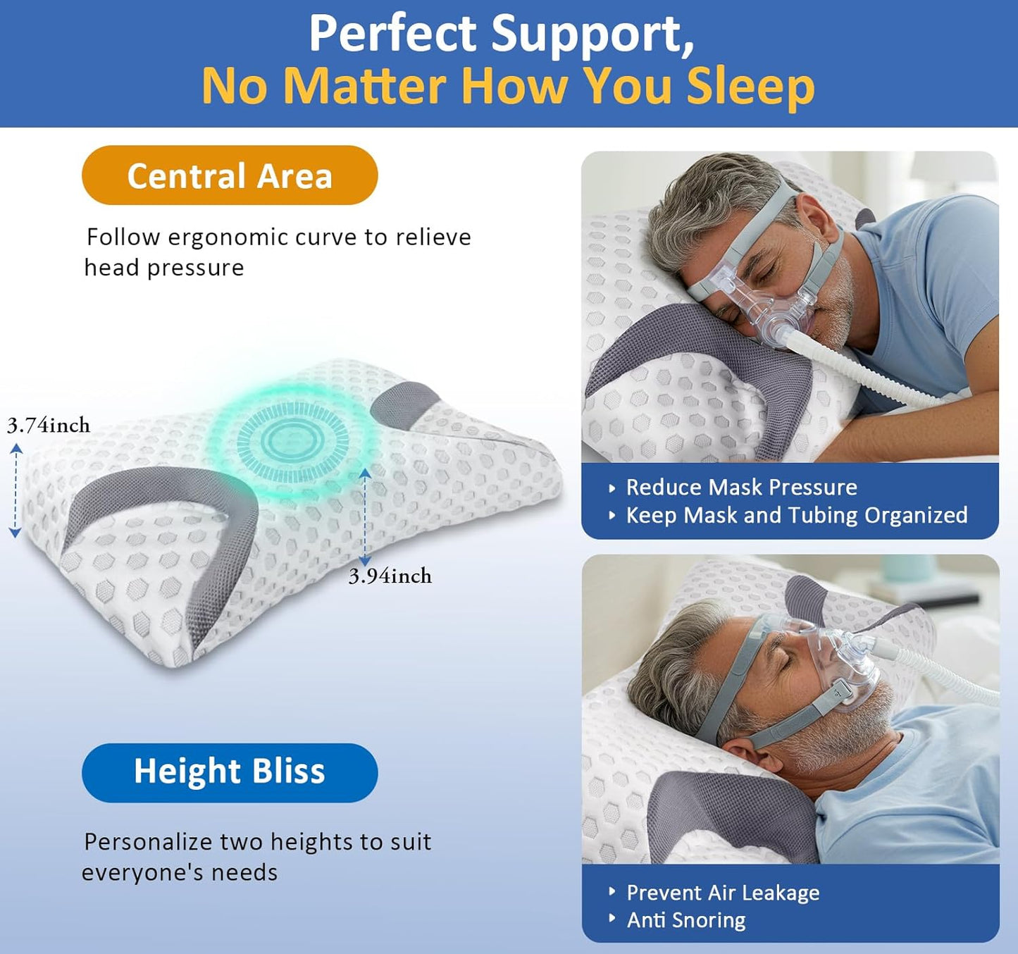 IKSTAR Cooling CPAP Pillow for Side Sleepers - Sleep Apnea Pillow for CPAP User - Reduce Air Leak/Hose Tangle/Mask Pressure - Memory Foam Neck Support Nasal Pillows Side/Back/Stomach Sleeper