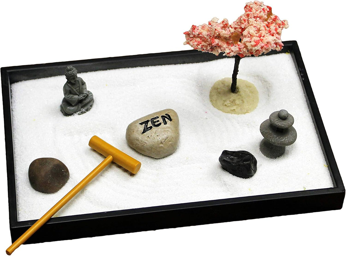 Nature's Mark Mini Zen Garden Kit for Desk with Rake, White Sand, Lotus Figure, 3 Sections Black Square Base, River Rocks and Black Rocks (9Lx9W C)