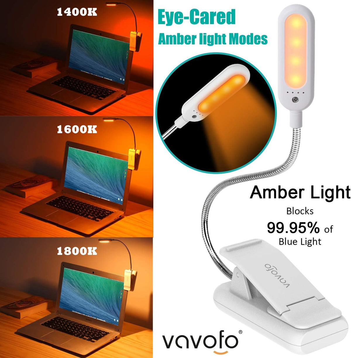 VAVOFO Amber Rechargeable Reading Light, Blue Light Blocking Book Light, 7 LEDs Eye Care 9 Colors 9 Brightness Clip On for Kids Bookworms Reading in Bed with Power Indicator Lasting 70h (Black)