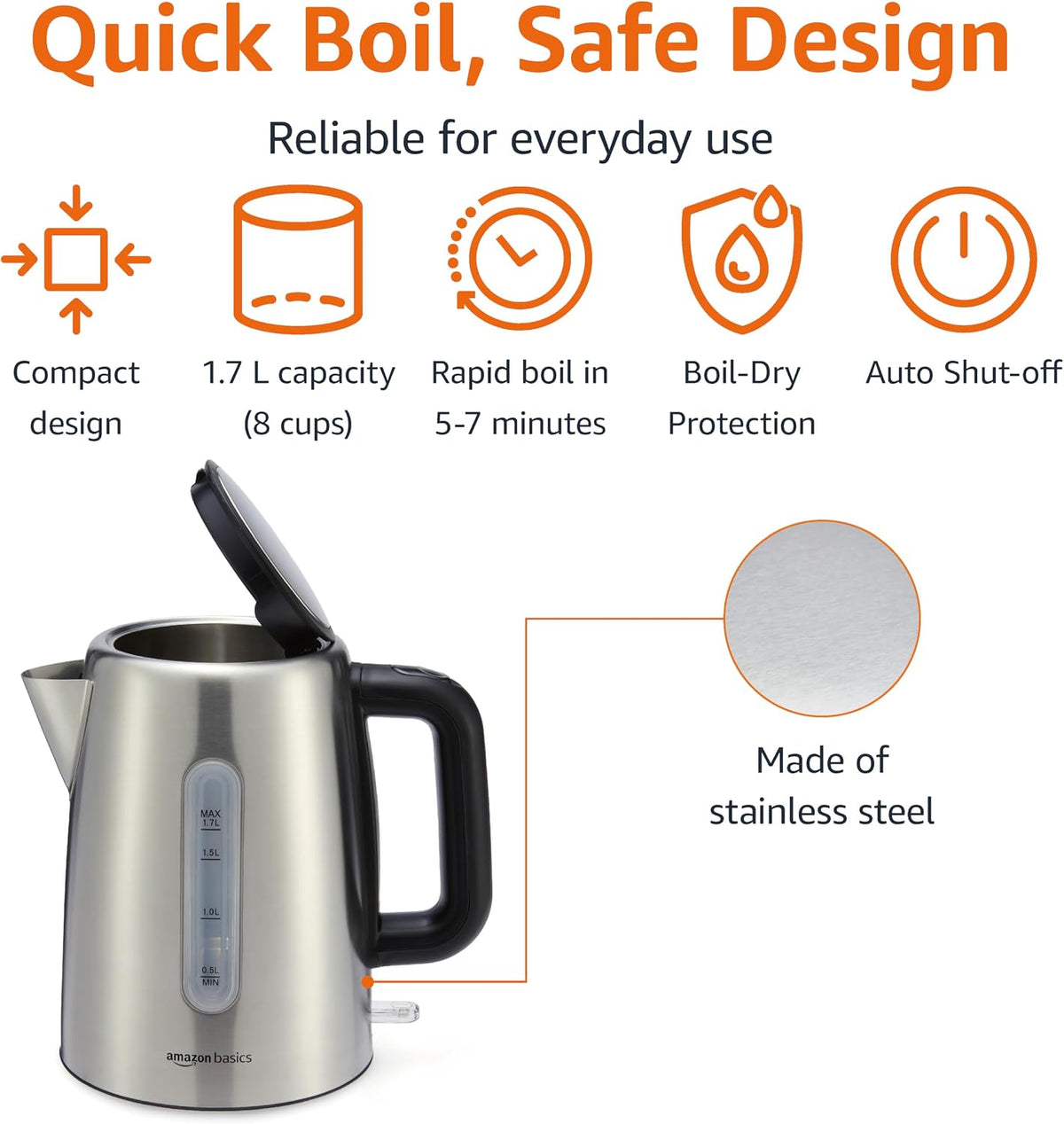 Amazon Basics Electric Kettle with Glass Carafe for Tea and Coffee, BPA-Free, Fast Boiling, Auto Shut-Off, Boil-Dry Protection, Water Level Indicator, 1.7 Liter, 1500W, Black and Silver