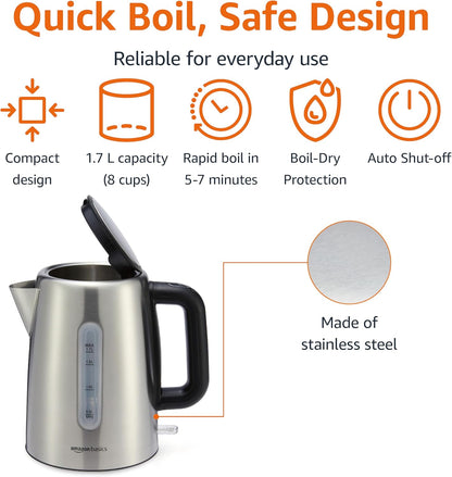 Amazon Basics Electric Kettle with Glass Carafe for Tea and Coffee, BPA-Free, Fast Boiling, Auto Shut-Off, Boil-Dry Protection, Water Level Indicator, 1.7 Liter, 1500W, Black and Silver
