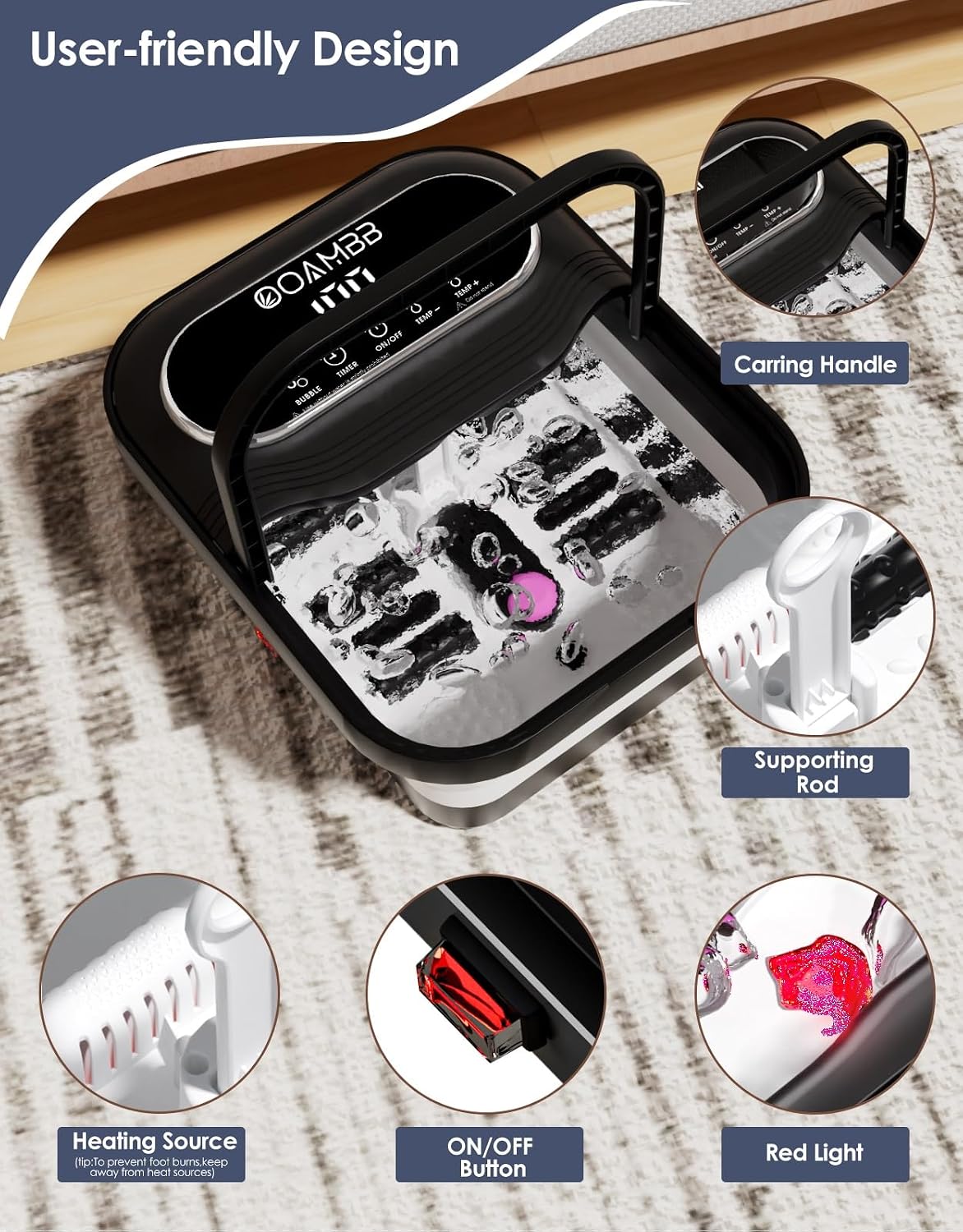 OOAMBB Collapsible Foot Spa with Heat, Bubble and Temp Control, Foot Bath Massager with XL Touch Screen and Massage Rollers, Foot Soaking Tub, Pedicure Foot spa for Stress Relief (Grey)