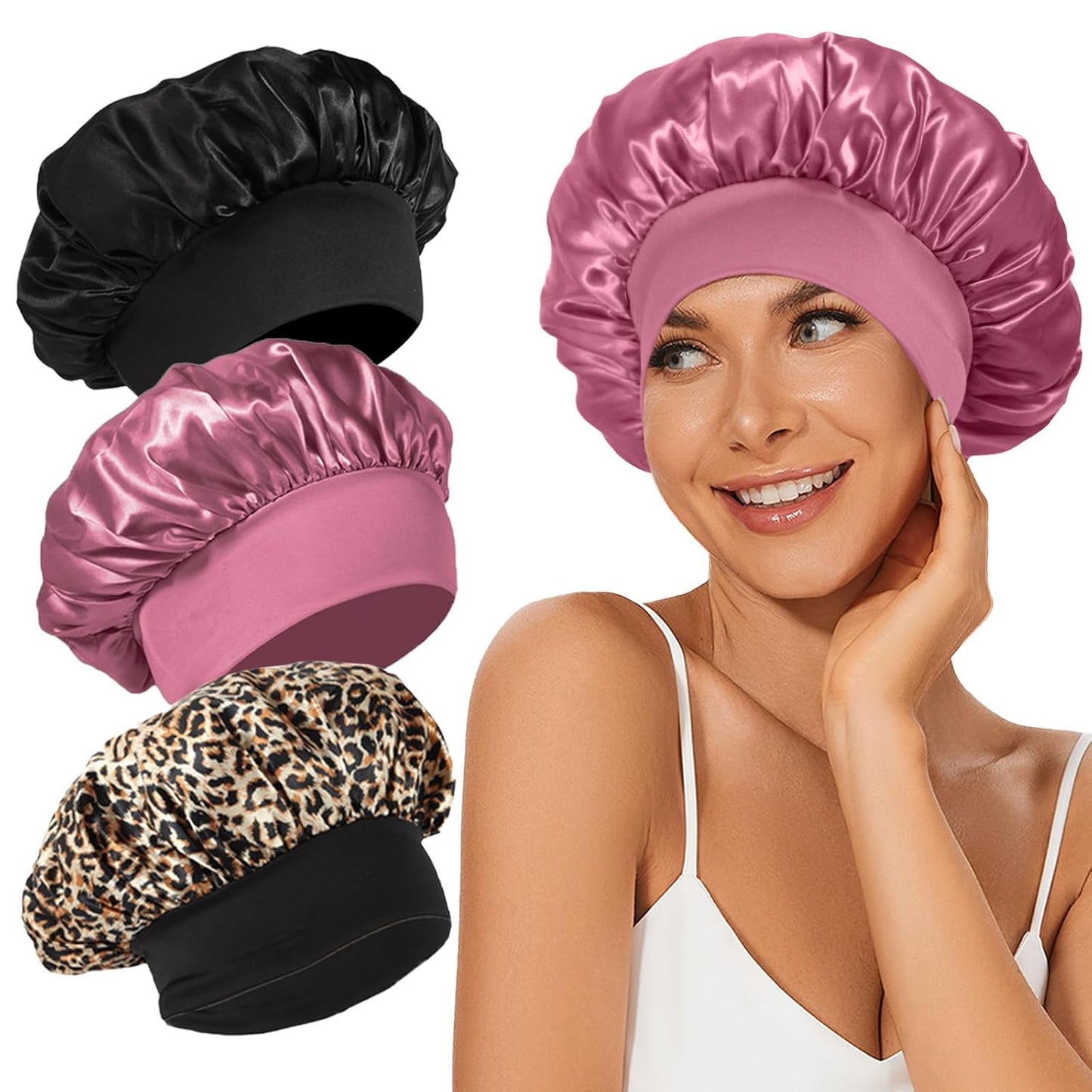 4Pcs Satin Bonnet Silk Bonnet, Hair Bonnet for Sleeping | Elastic Wide Band Silk Sleep Cap, Soft and Breathable, Black Red Purple Gold