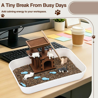 CypherX Cat Zen Garden for Desk, Mini Zen Garden Kit with Sand Tray, Cute Desk Decor for Office Cubicle, Relaxing Sand Tray Therapy Kit for Cat Lovers
