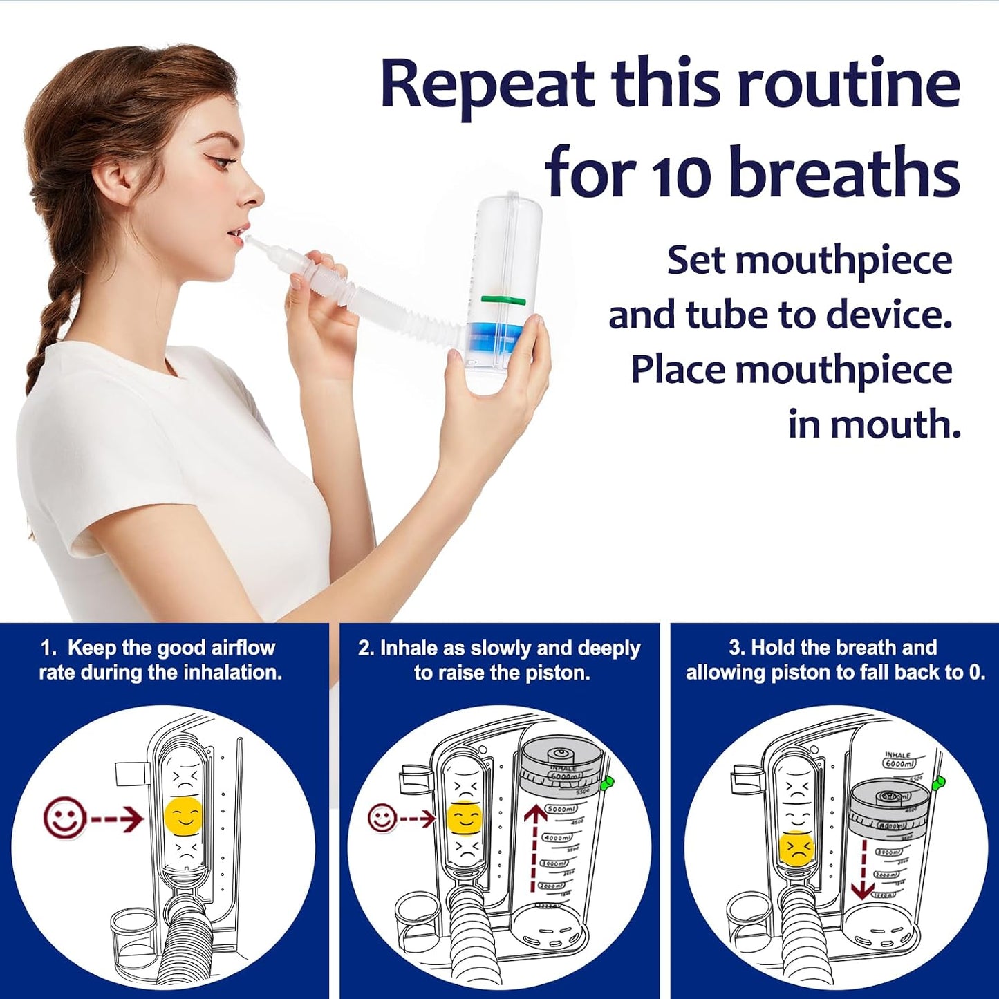 Breathing Exercise Device for Lungs, Lung Exerciser Device – 5000ml Volumetric Deep Breathing Trainer with Flow Rate Indicator for Respiratory Health & Recovery