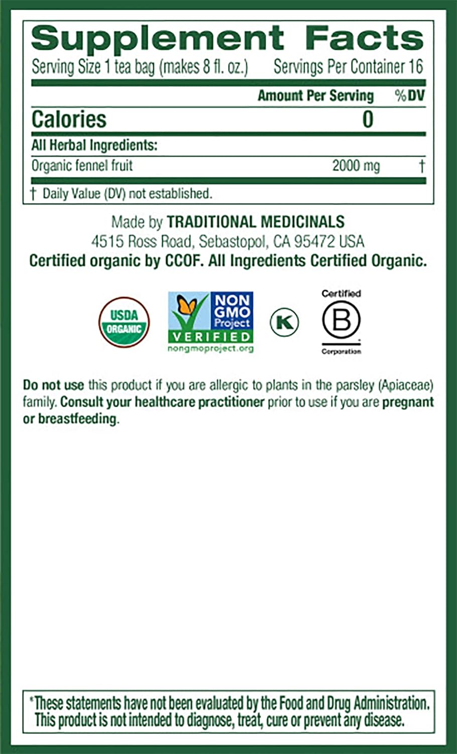 Traditional Medicinals Organic Fennel Herbal Tea, Promotes Digestive Health, (Pack of 6) - 96 Tea Bags Total