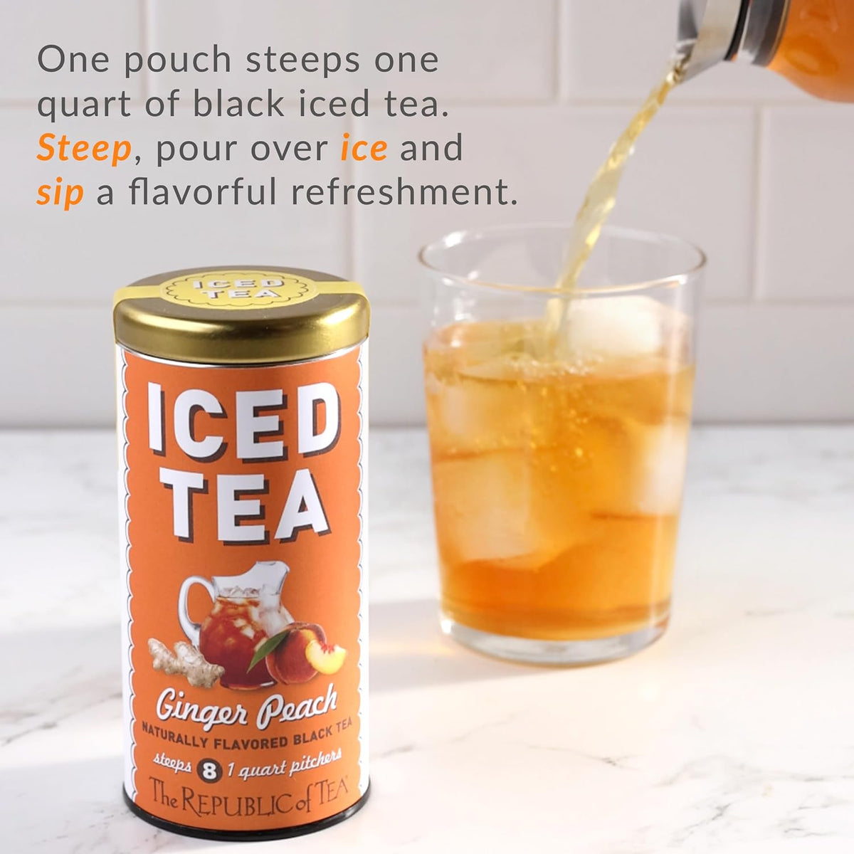 The Republic of Tea – Ginger Peach Black Iced Tea Bags, 40 Large Quart-Sized Iced Tea Pouches, Naturally Caffeinated