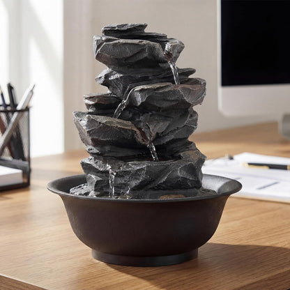 Giantex Tabletop Water Fountain with Warm LED Light, Tiered Rock Waterfall with Pump, Zen Meditation Desktop Decor for Office, Home Relaxation