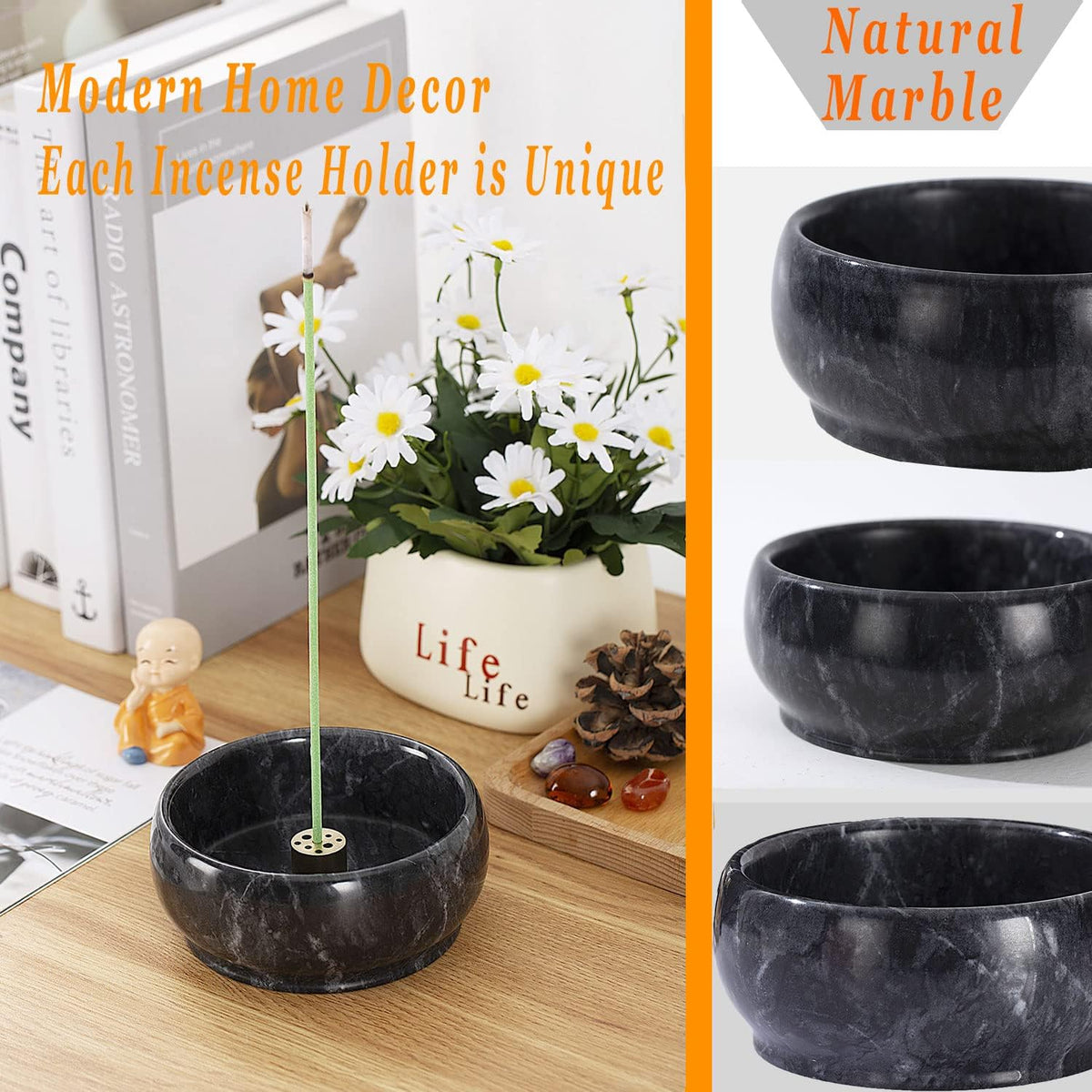Incense Holder, Natural Marble Incense Holder for Sticks with 9 Incense Holes, Handmade Incense Stick Burner Ideal for Smudging, Decoration