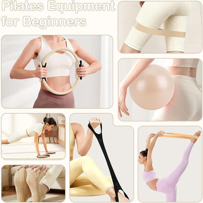 Hoedia Pilates Kit for Women, Pilates Equipment Ring and Ball Set with Resistance Bands, Yoga Strap, Core Sliders, Socks, Bag & Guide for Starter Home Workout Fitness Gym Essentials