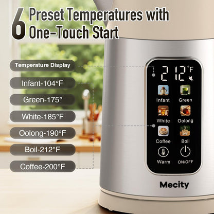 Mecity Electric Kettle 1.7L Touch Screen Temperature Control Water Boiler, No Plastic Contact with Water. 6 Preset Temperature Programs, 2 Hours Keep Warm, Auto Shut Off, Dark Grey