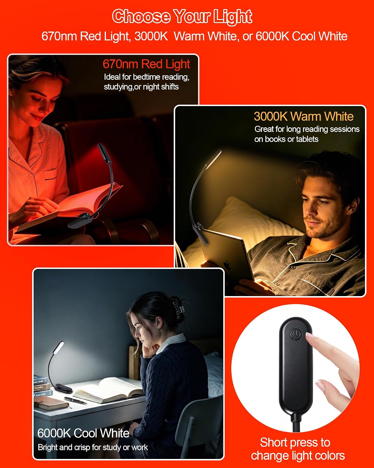 670nm Red Book Light for Reading at Night [1 Pack] - Zero Blue Light, Dimmable Reading Lights for Books in Bed, LED Book Lamp Clip on, Gift for Students Parents Nurse Studying Travel