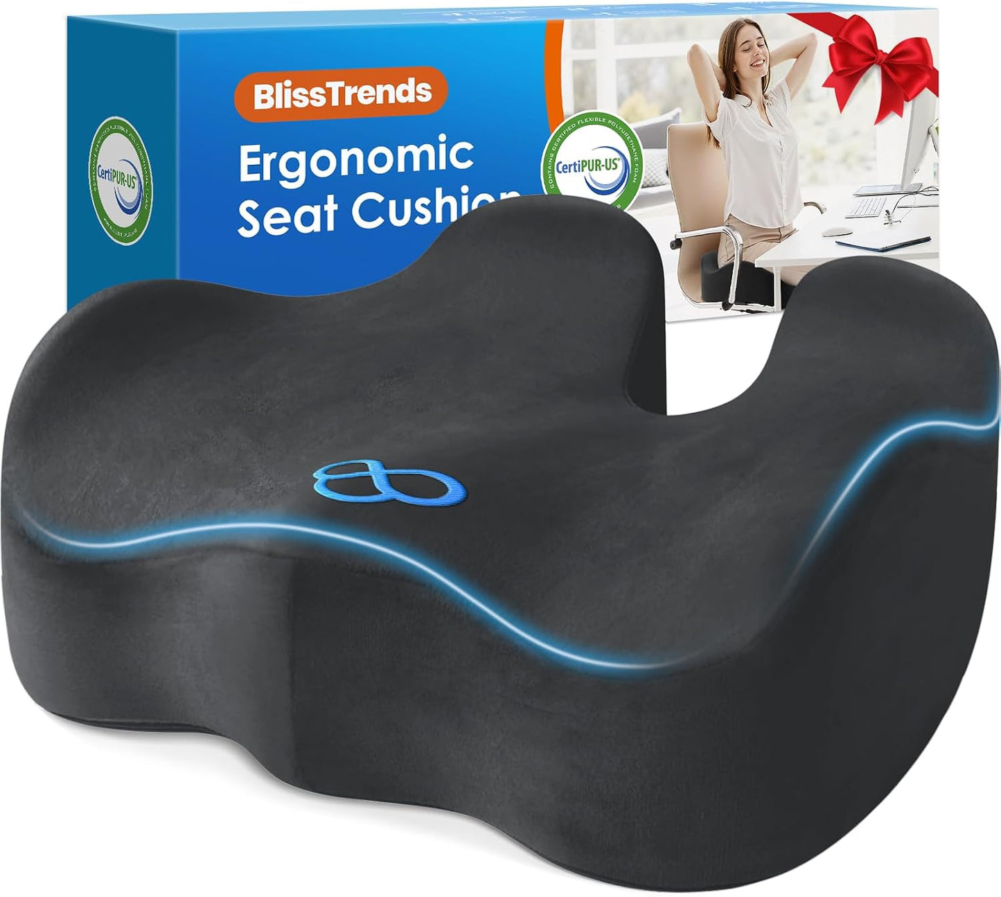 BlissTrends Seat Cushion with Velvet Cover, Thick Memory Foam Cushions for Office Chair, Car Seat, Airplane, Relieving Pressure Tailbone Sciatica Back Pain for Long Sitting, Car Drivers 4.7in Black